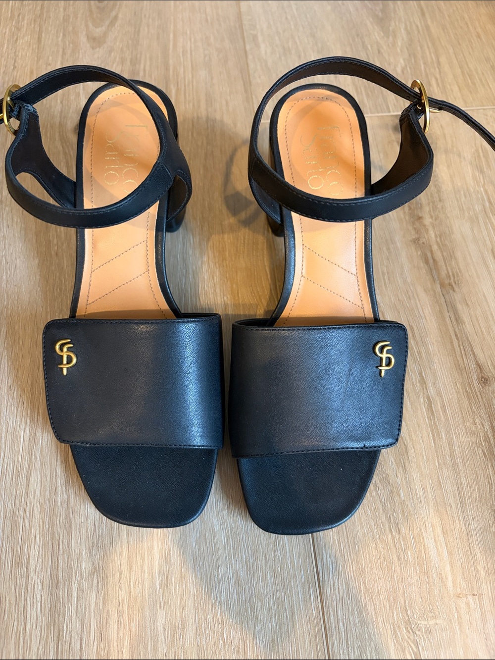 Franco Sarto Black Leather Block Heel Sandals with Gold Accent